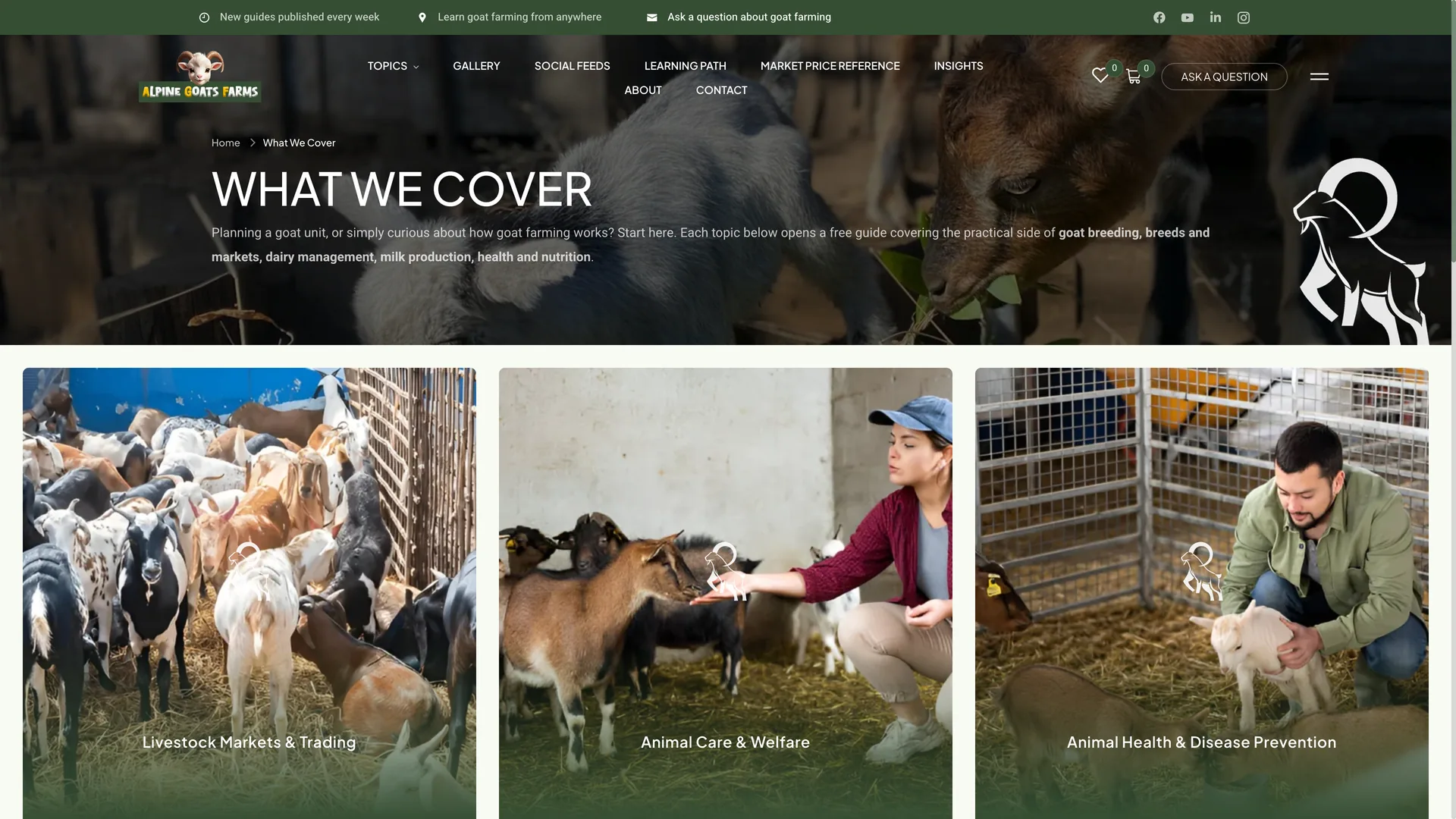 Alpine Goats Farms "What We Cover" page, with topic guides for livestock markets and trading, animal care and welfare, and animal health and disease prevention