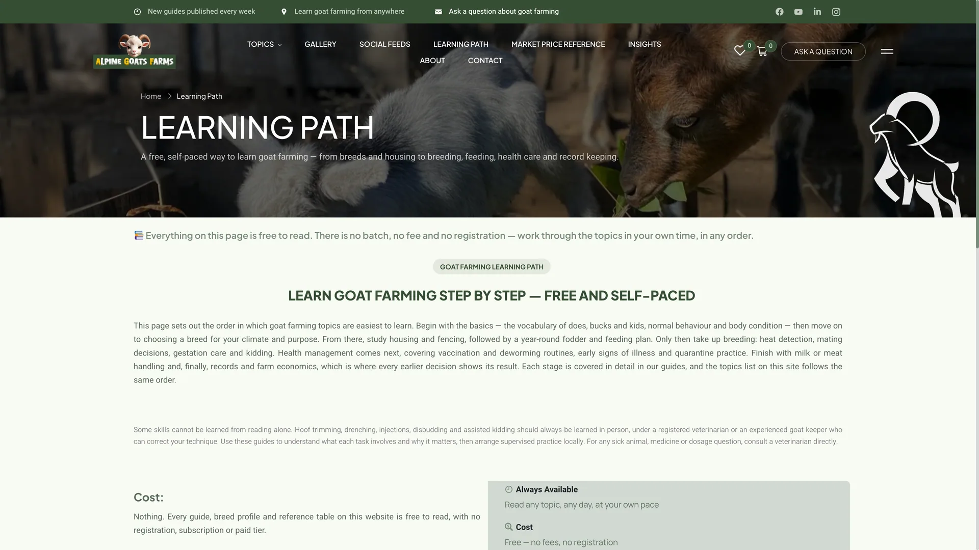 Alpine Goats Farms Learning Path: a free, self-paced goat farming curriculum covering breeds, housing, feeding, breeding, health and records